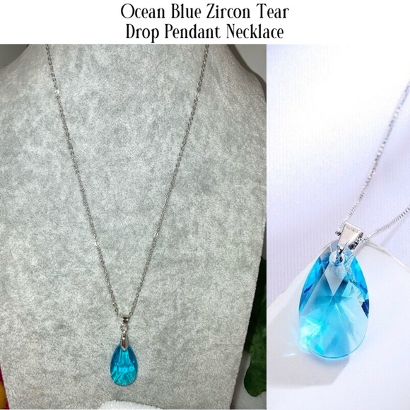 3-$15 Ocean Blue Zircon Tear Drop Pendant Necklace - Picture 1 of 3